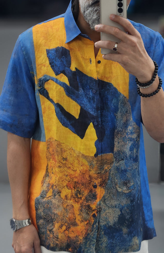 Abstract Cerulean & Amber Mural Digital Print Pure Linen Resort Shirt