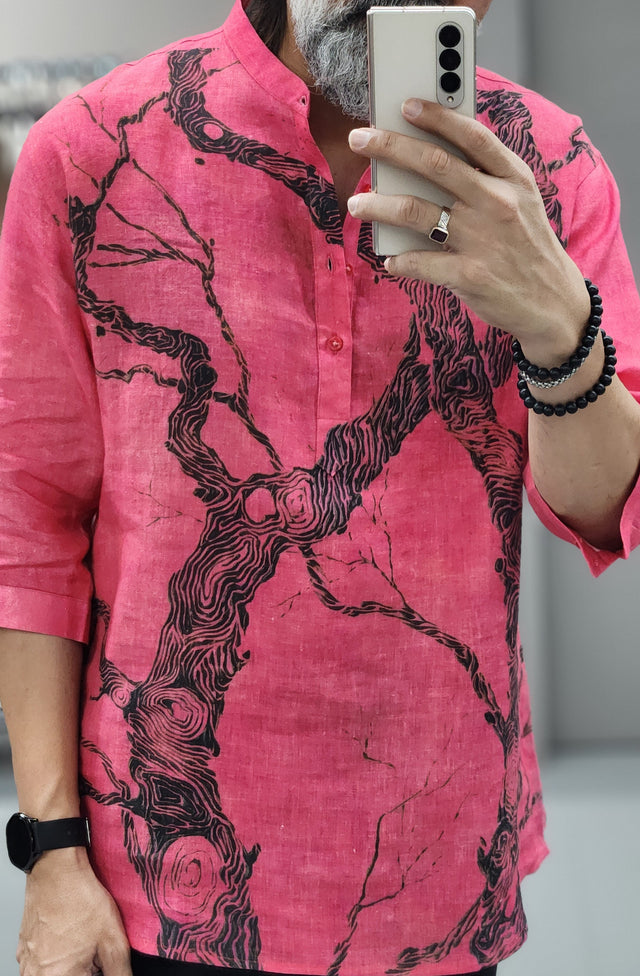 Dusty Rose Pink & Black Tree Digital Print Pure Linen 3/4 Sleeve Short Kurta