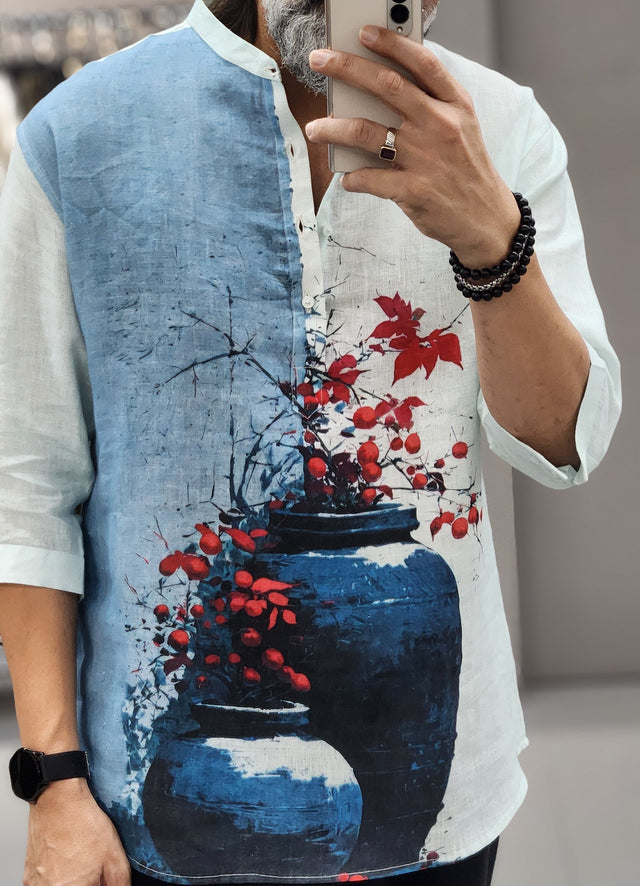 Oriental Ceramic Vase & Crimson Floral Digital Print 3/4-Sleeve Linen Shirt
