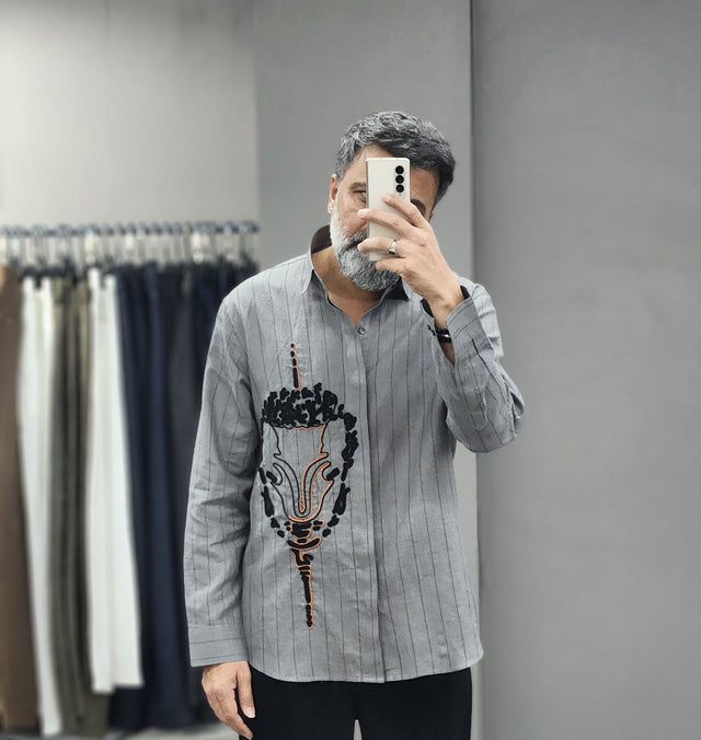 Slate Grey Pinstripe Abstract Crest Hand Khatli Pure Linen Shirt