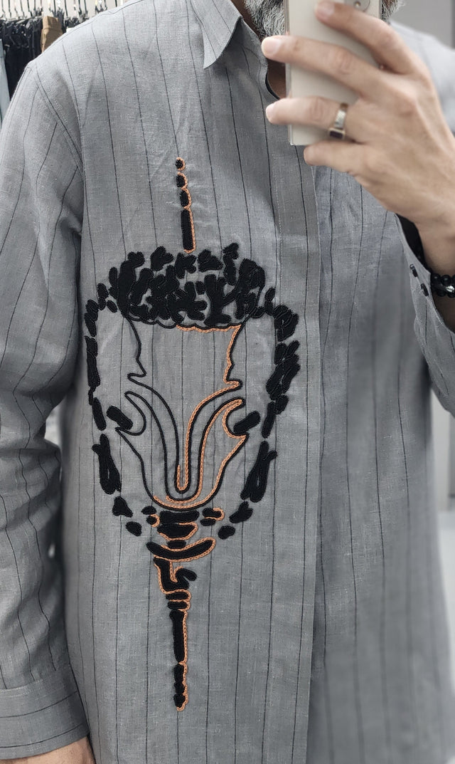 Slate Grey Pinstripe Abstract Crest Hand Khatli Pure Linen Shirt