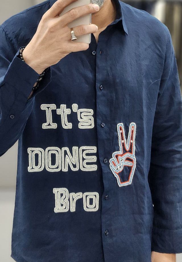 Midnight Navy "It's Done Bro" Hand Khatli Beaded Pop Linen Shirt