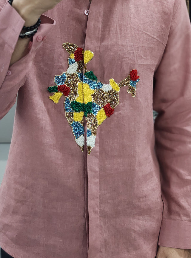 Dusty Mauve Pink India Map French Knot & Beaded Pure Linen Shirt