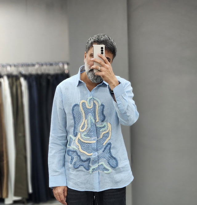 Light Blue Pure Linen Long Sleeve Shirt with Hand-Embroidered Work