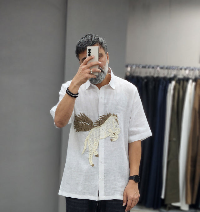 Pure White Rearing Pegasus French Knot Hand Threadwork Pure Linen Shirt