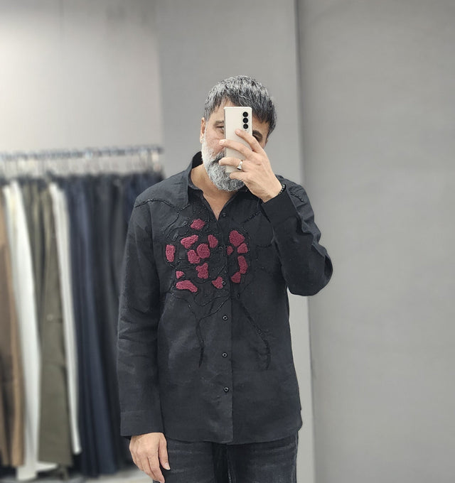 Jet Black French Knot & Beaded Abstract Coral Hand Khatli Pure Linen Shirt