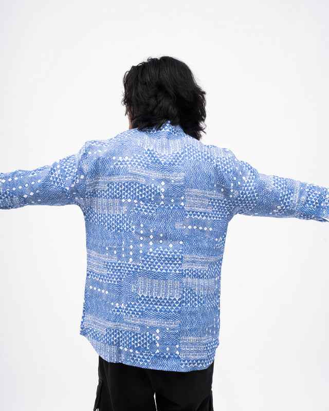 Indigo Tapestry (Pure Linen 3/4 Sleeve Kurta Style Shirt) - AddysForMen®️