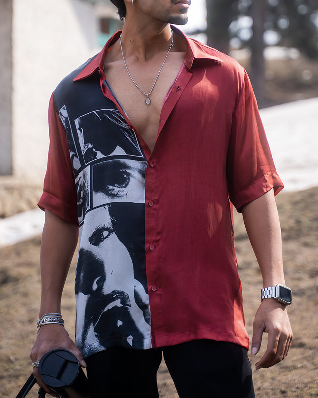 Cinematic Red Pure Bemberg Satin Short Sleeve Shirt
