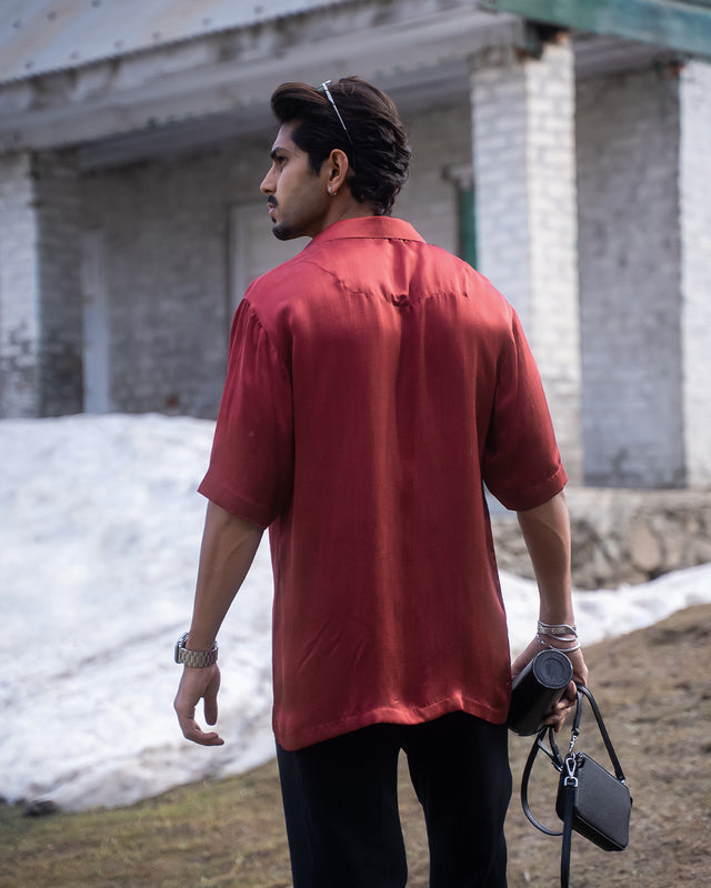 Cinematic Red Pure Bemberg Satin Short Sleeve Shirt
