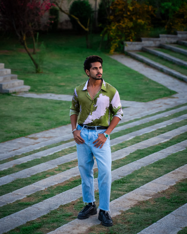 Green Splash Printed Party Wear Pure Bemberg Satin Full Sleeve Shirt