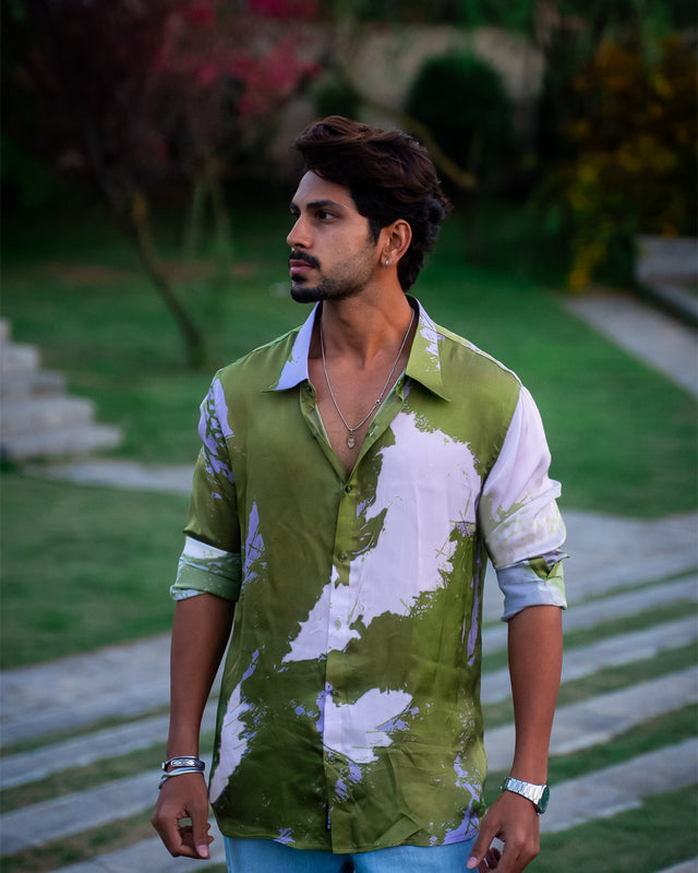 Green Splash Printed Party Wear Pure Bemberg Satin Full Sleeve Shirt