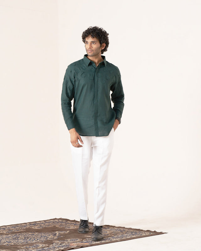 Emerald Leaf Pure Linen Designer Shirt