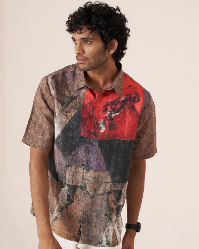 Abstract Clash Pure Satin Linen Short Sleeve Shirt