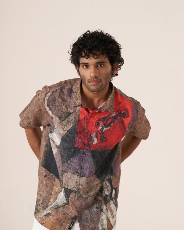 Abstract Clash Pure Satin Linen Short Sleeve Shirt