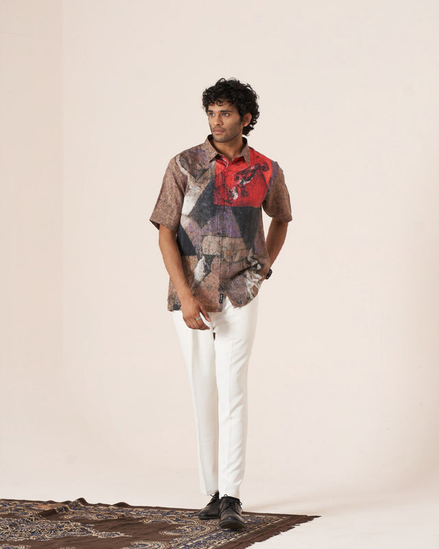 Abstract Clash Pure Satin Linen Short Sleeve Shirt