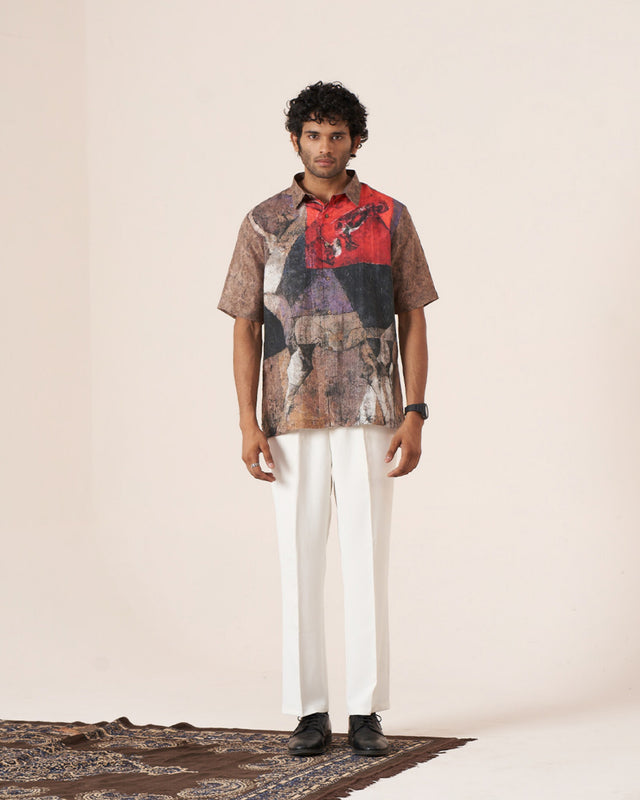 Abstract Clash Pure Satin Linen Short Sleeve Shirt