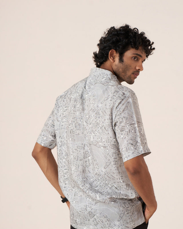 Urban Skyline Pure Satin Linen Short Sleeve Shirt