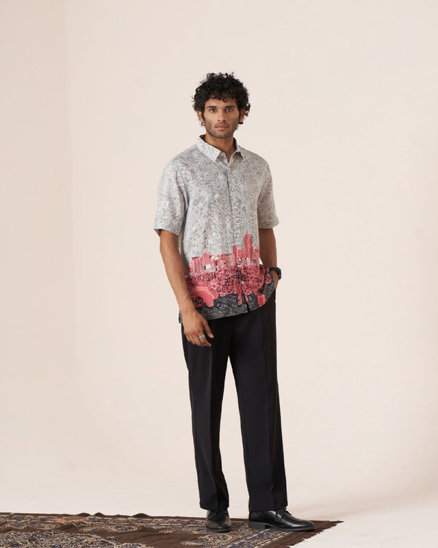 Urban Skyline Pure Satin Linen Short Sleeve Shirt