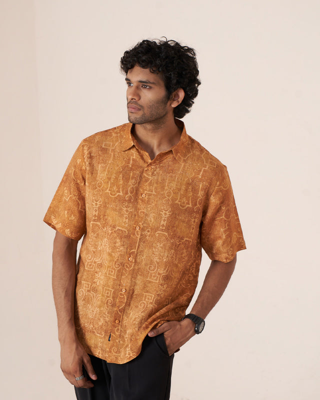 Golden Aura Pure Satin Linen Short Sleeve Shirt