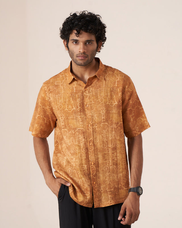 Golden Aura Pure Satin Linen Short Sleeve Shirt