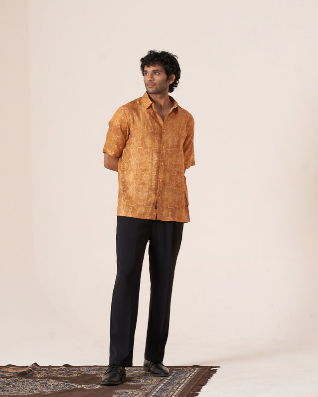 Golden Aura Pure Satin Linen Short Sleeve Shirt