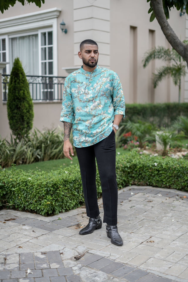 Trident Ripples (Pure Linen Kurta Style Shirt) - AddysForMen®️