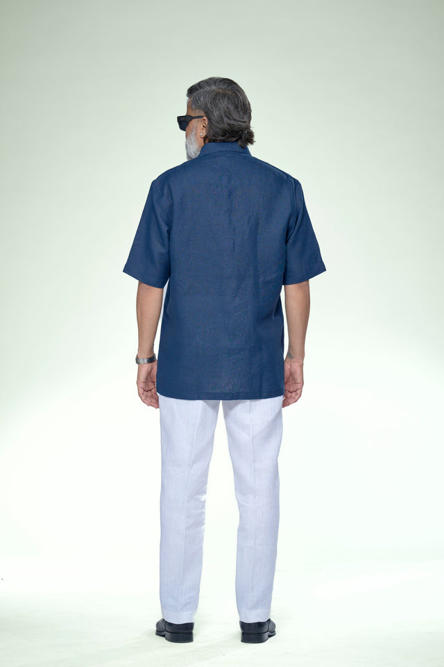 Artistic Blue Edition Pure Linen Designer Short Sleeve Shirt - AddysForMen®