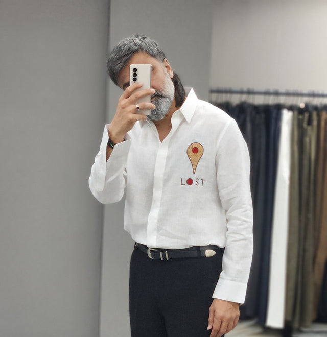 Pure White "LOST" Location Pin Embroidered Linen Shirt