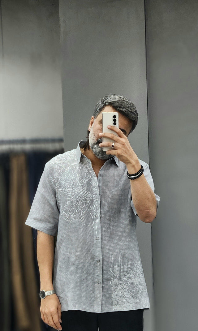 Slate Grey Geometric Lace Print Linen Shirt