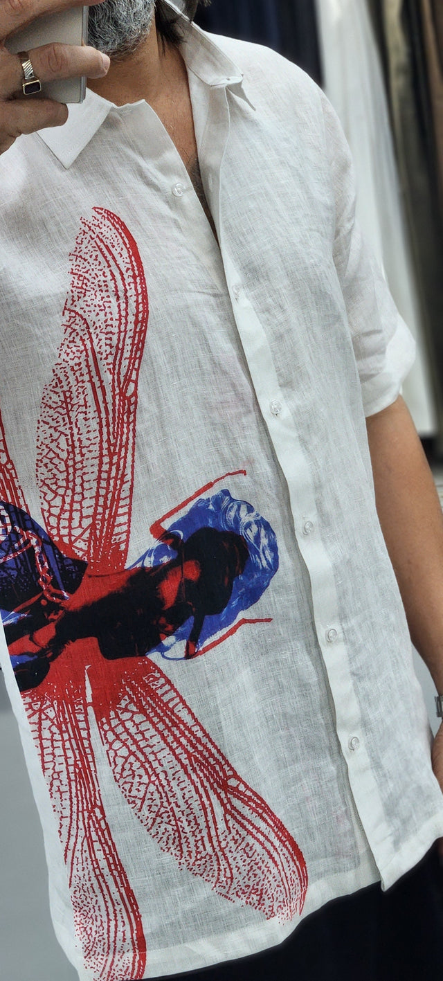 Crimson Dragonfly Digital Print Pure Linen Shirt