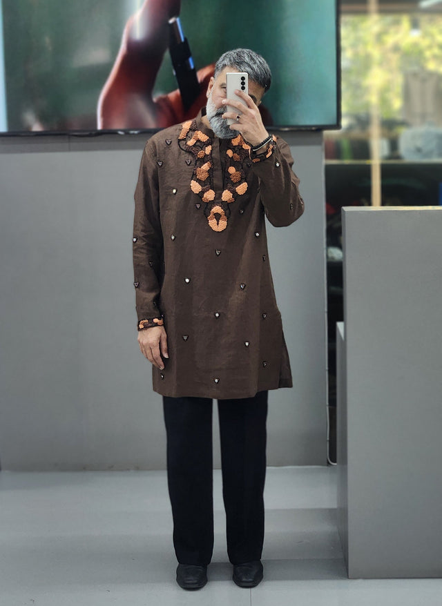 Espresso Brown Pure Linen Long Kurta with Hand-Embroidered Khatli Mirror & Threadwork