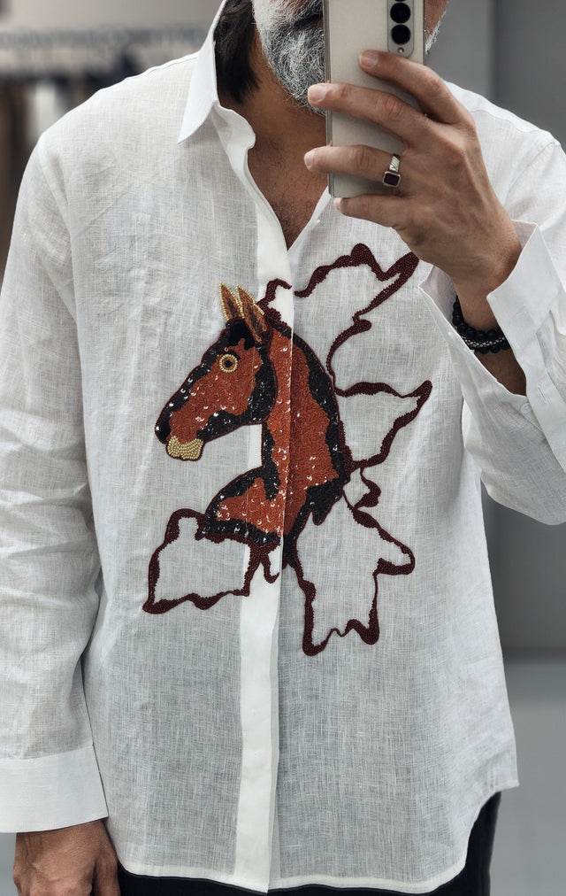 Pure White Majestic Stallion Sequin & Bead Embroidered Pure Linen Shirt