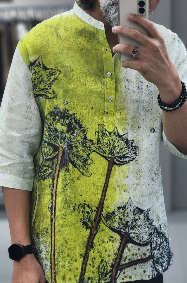 Lime-Wash Digital Floral Printed Linen Kurta Shirt with 3/4 Sleeves