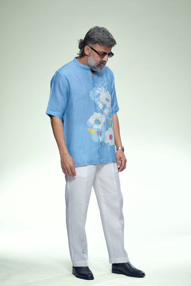 Sky Blue Artistic Floral Pure Linen Short Sleeve Shirt - AddysForMen®