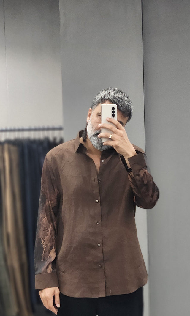 Dark Brown Linen Shirt with Pure Armani Fabric Printed Sleeves