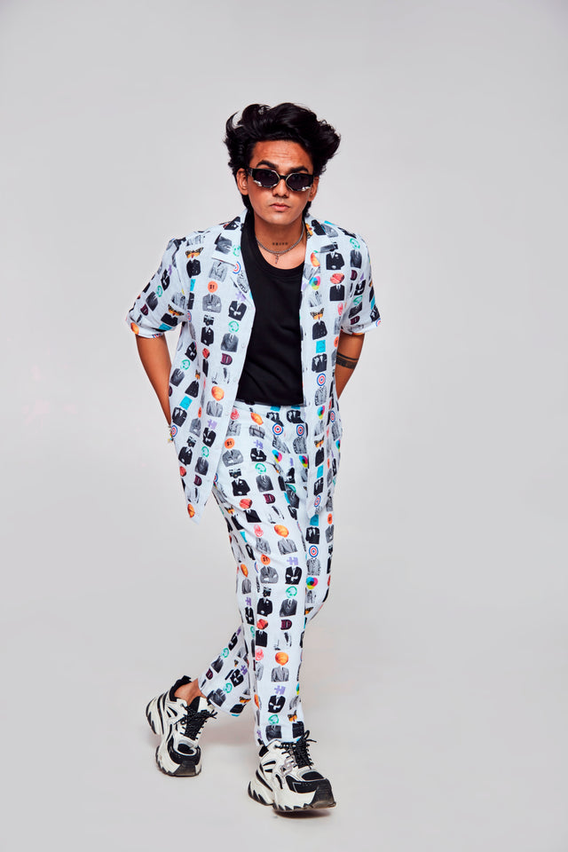 Artistic Mosaic Printed Shirt Pure Linen Cuban Coller Shirt