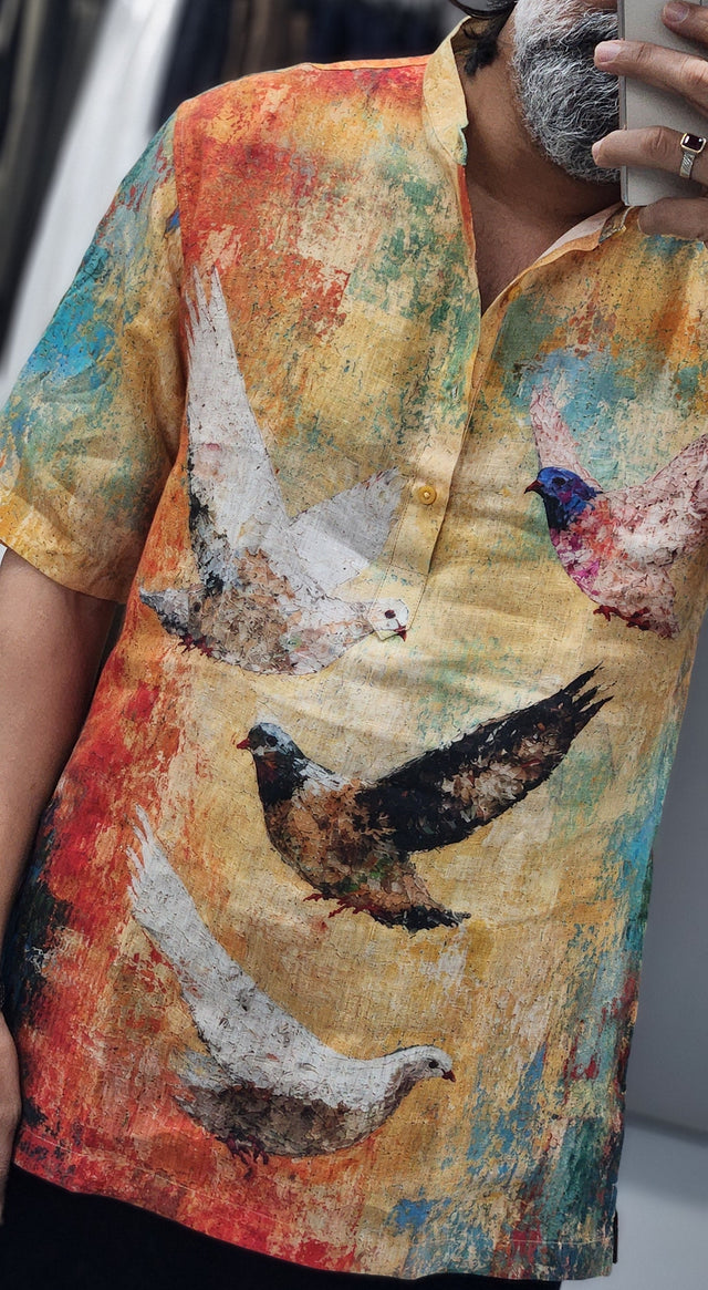 Abstract Ochre Birds Digital Print Pure Linen Mandarin Kurta Style Shirt