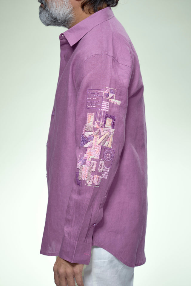 Artisan Motion : 9-hour Sleeve Embroidered Pure Linen Full Sleeve Shirt - AddysForMen®️