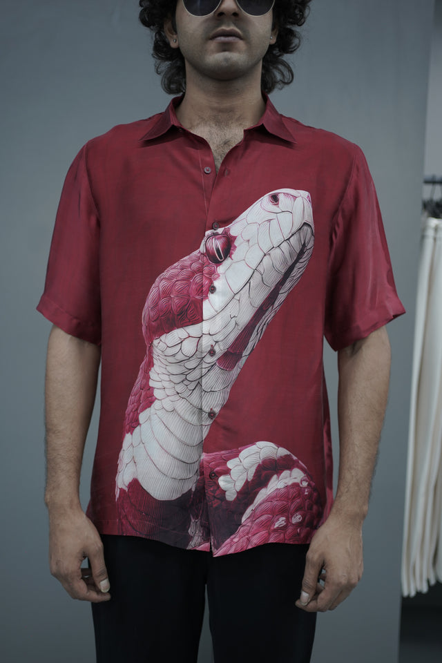 The Viper Luster: Snake Digital Print Pure Bemberg Satin Short Sleeve Shirt - AddysForMen®️