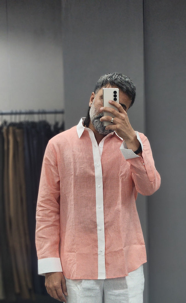 Peach Pink & White Panel Pure Linen Shirt