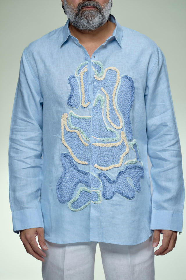 Meridian Edge : 9-Hour Hand-Embroidered Pure Linen Full Sleeve Shirt - AddysForMen®️