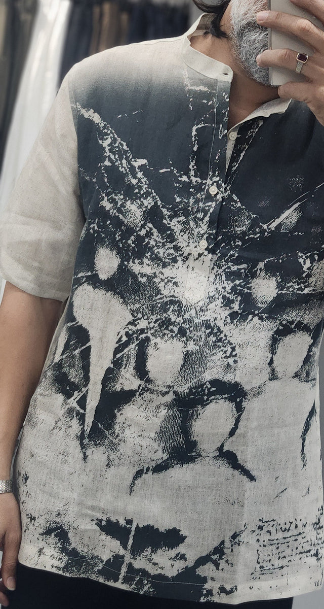 Monochrome Eclipse Digital Print Pure Linen Kurta Style Shirt