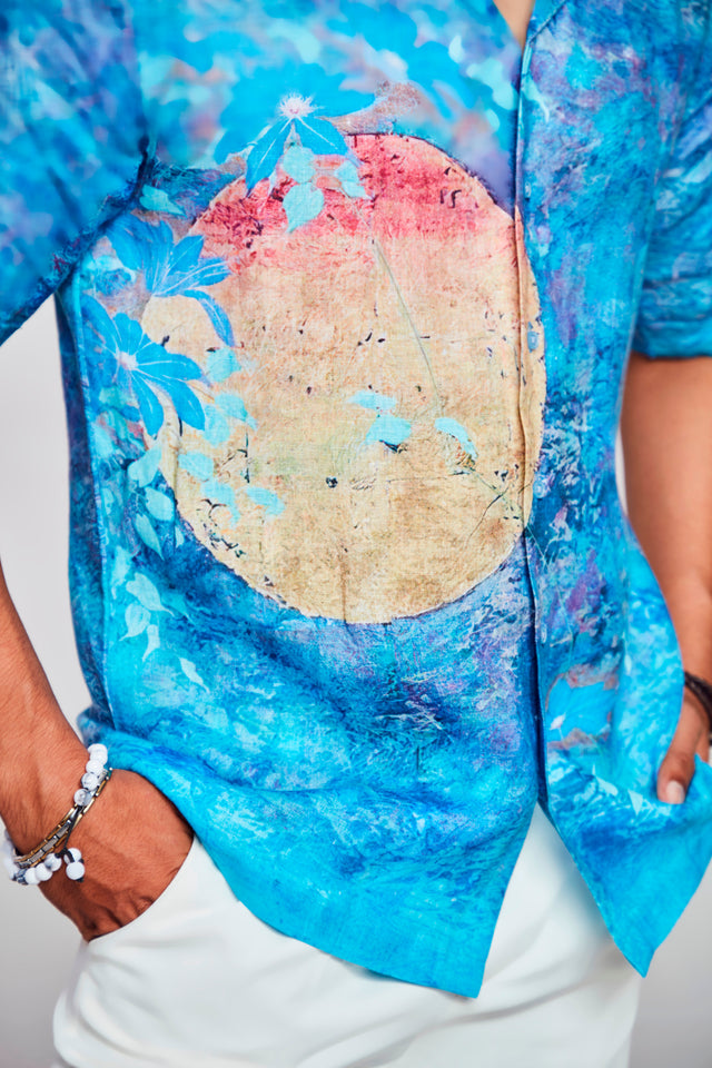 Golden Solace Printed Pure Linen Cuban Coller Shirt