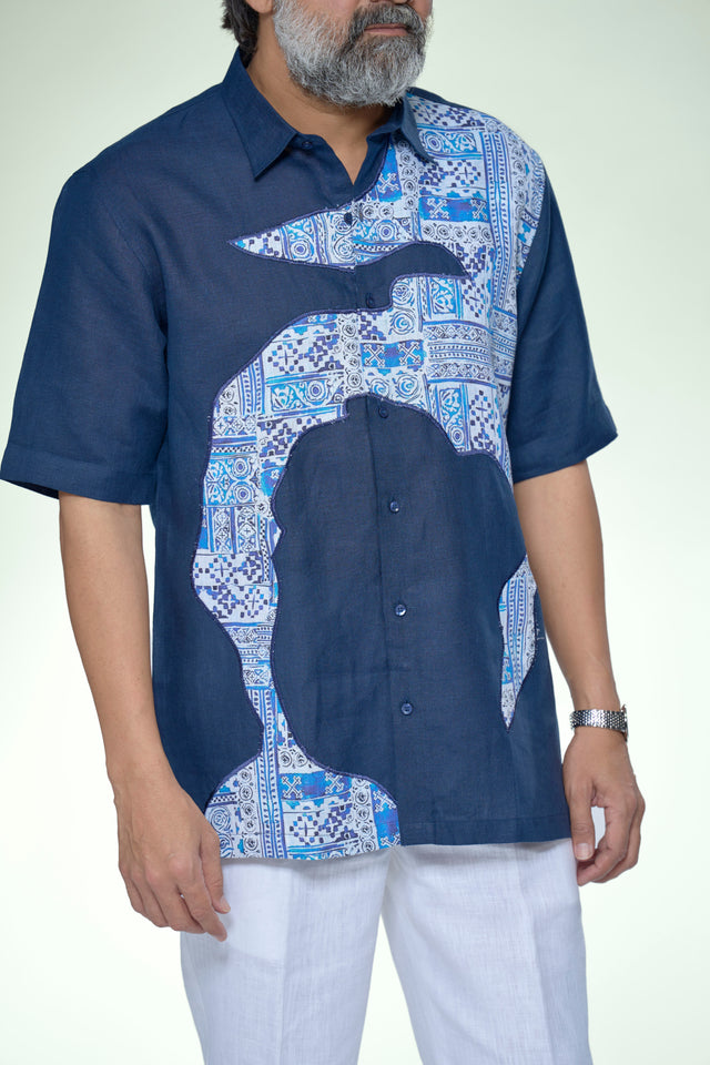 Artistic Blue Edition Pure Linen Designer Short Sleeve Shirt - AddysForMen®