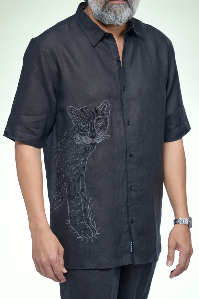 Midday Artisan : 8-Hour Hand Embroidered Pure Linen Half Sleeve Shirt - AddysForMen®️