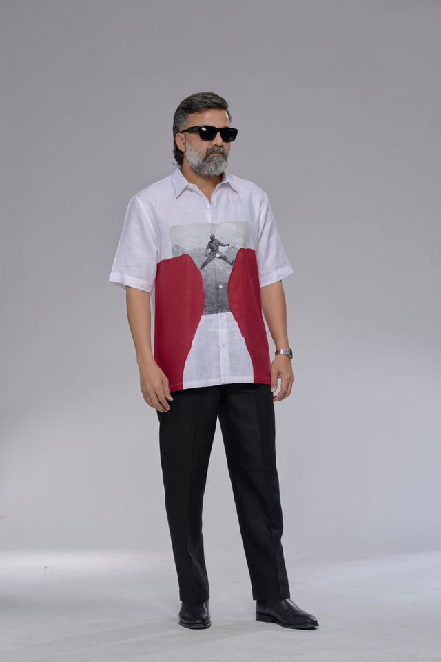 Red Horizon : Digital Print Patchwork Pure Linen Designer Short Sleeve Shirt - AddysForMen®