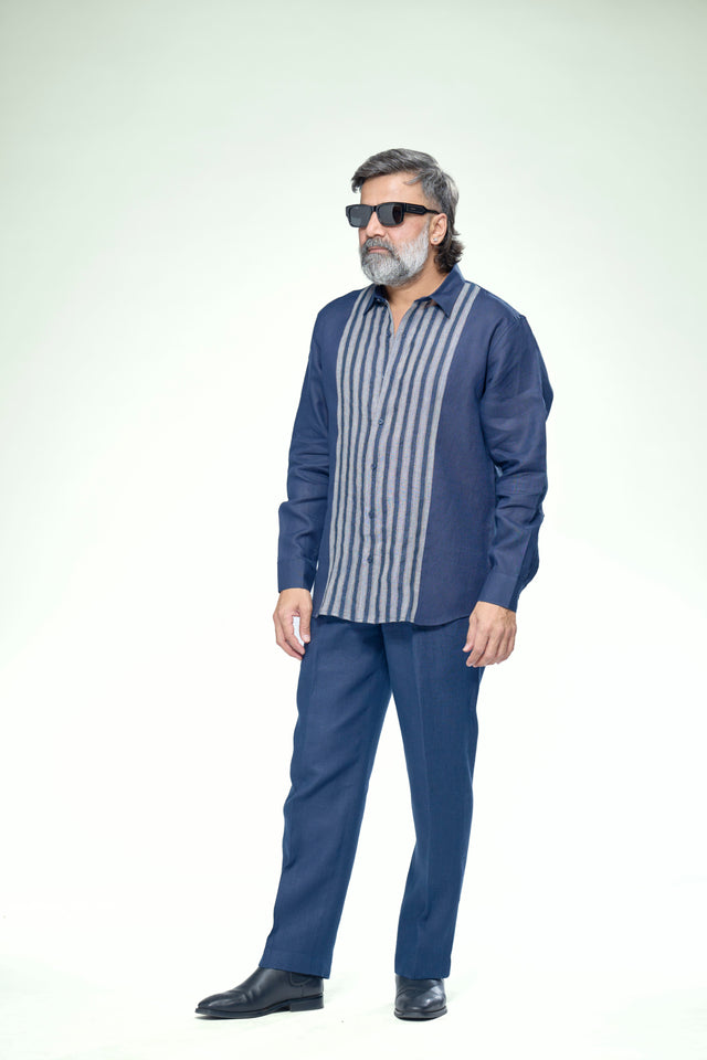Indigo Linear Striped Pure Linen Full Sleeve Shirt - AddysForMen®