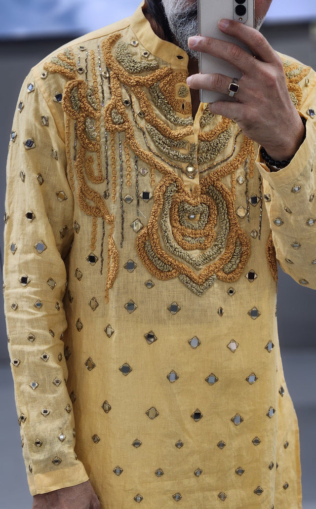 Sunshine Yellow Pure Linen Long Kurta with Hand-Embroidered Khatli Mirror & Threadwork