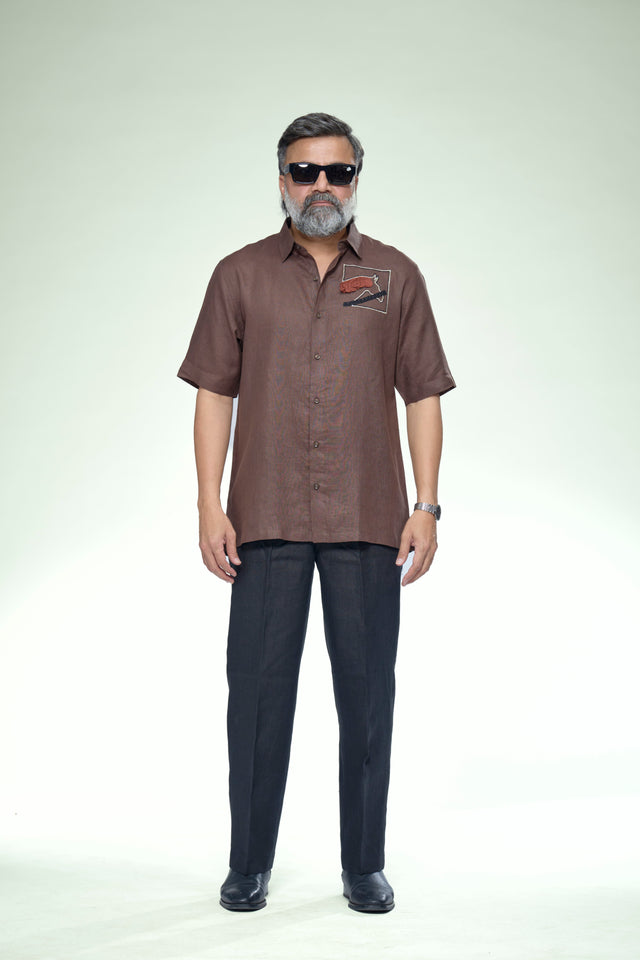 Equestrian Soul: 7-Hour Front & Back Hand-Embroidered Pure Linen Half Sleeve Shirt - AddysForMen®️