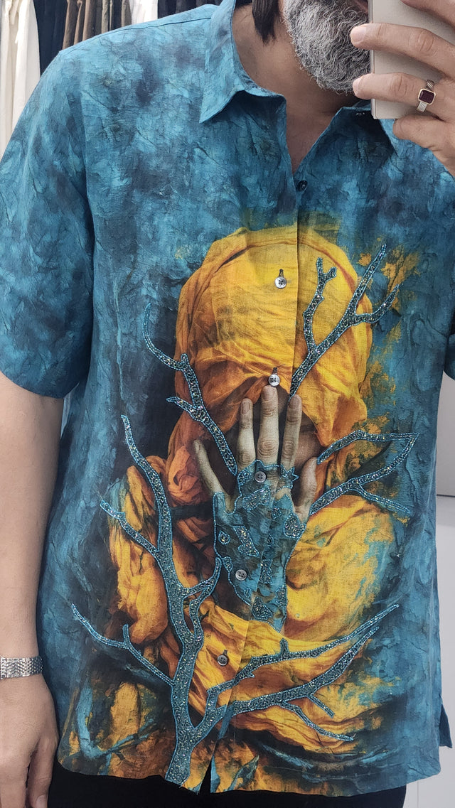 Ocean Blue Digital Print Linen Shirt with Beaded Coral Work